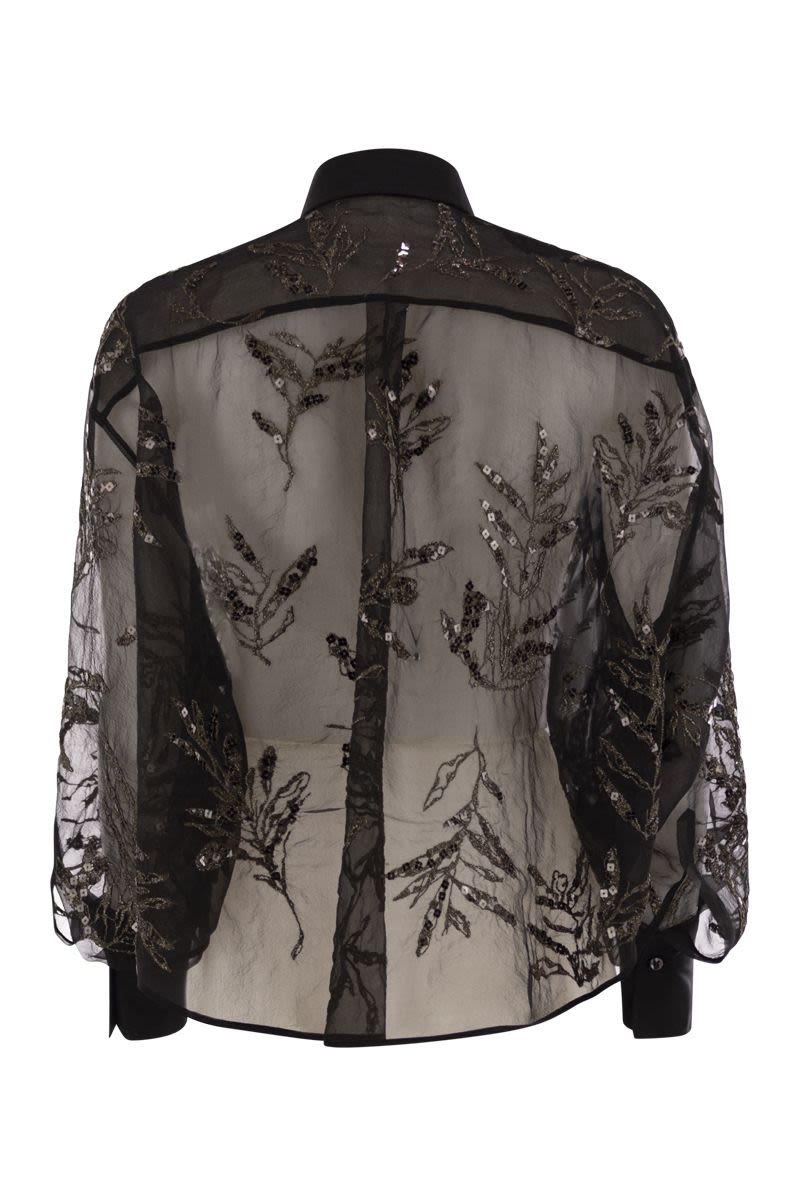 BRUNELLO CUCINELLI Crispy Silk Mini Shirt with Glistening Flora Embroidery