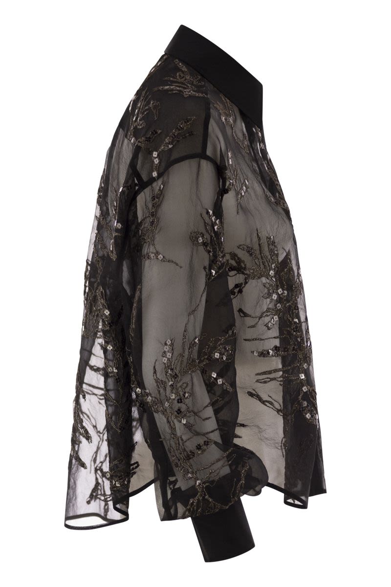 BRUNELLO CUCINELLI Crispy Silk Mini Shirt with Glistening Flora Embroidery