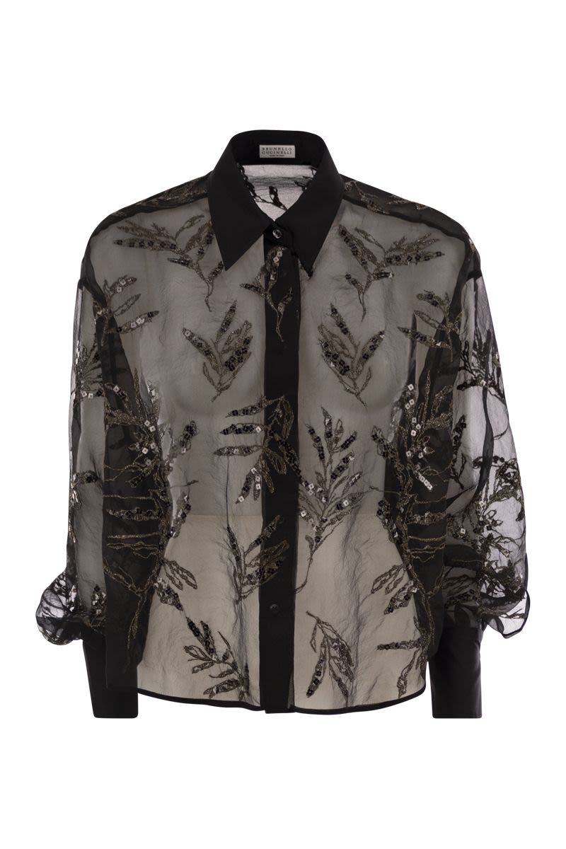 BRUNELLO CUCINELLI Crispy Silk Mini Shirt with Glistening Flora Embroidery