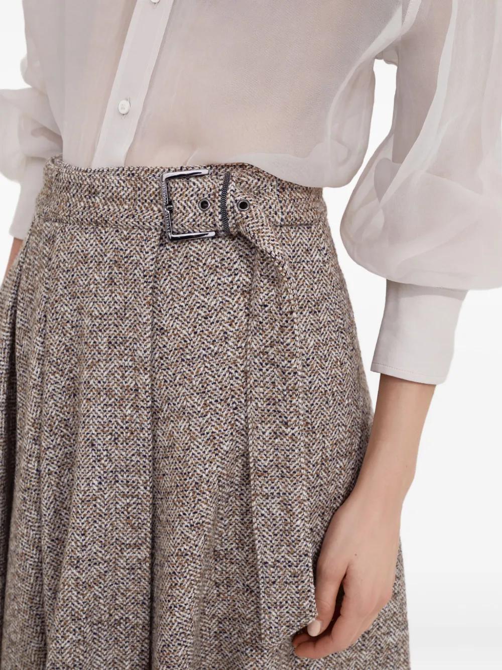BRUNELLO CUCINELLI Knee-Length Textured Wool Skirt with Side Belt Detail