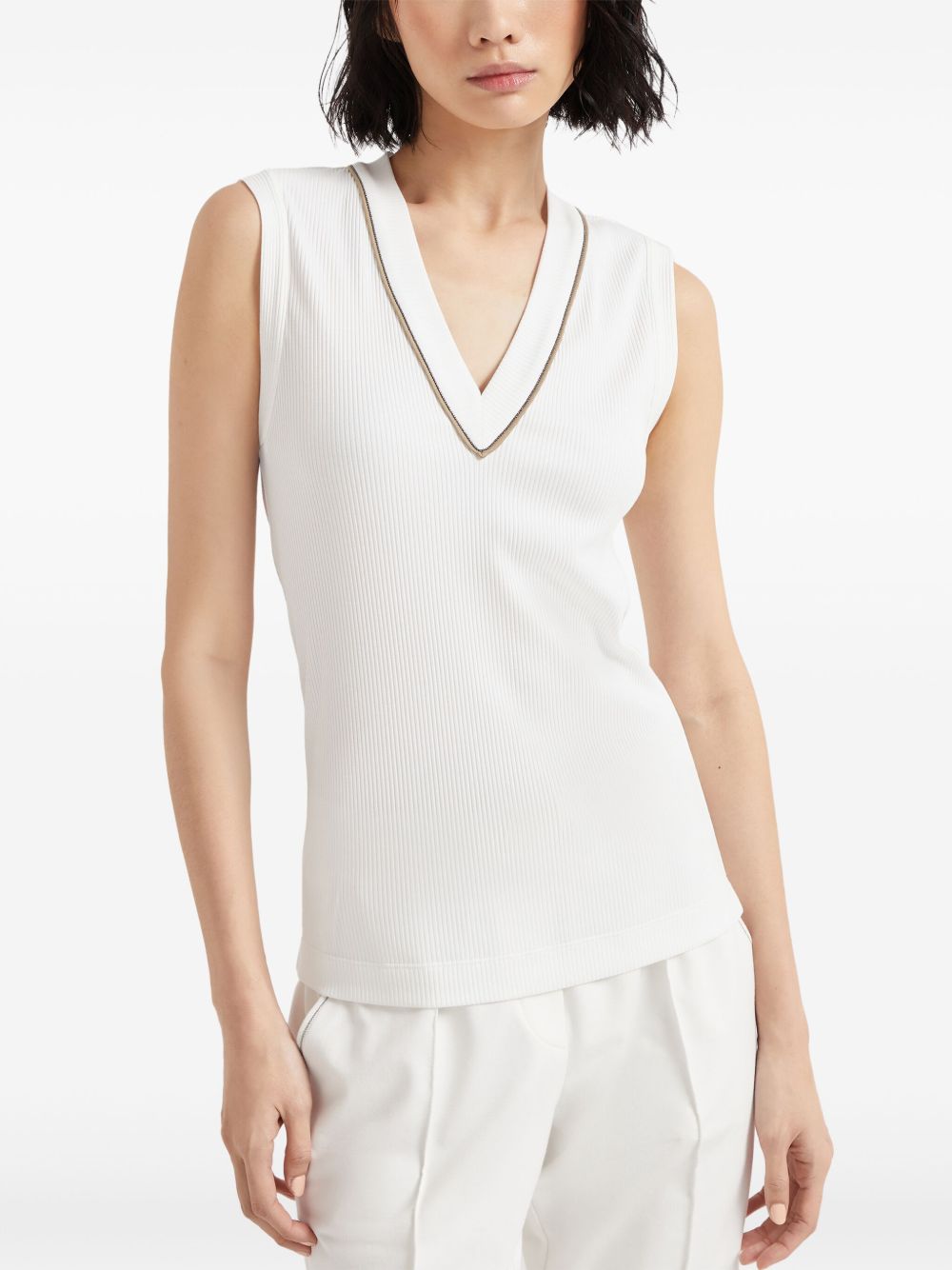 BRUNELLO CUCINELLI Sleeveless V-Neck Top with Signature Chain Detail