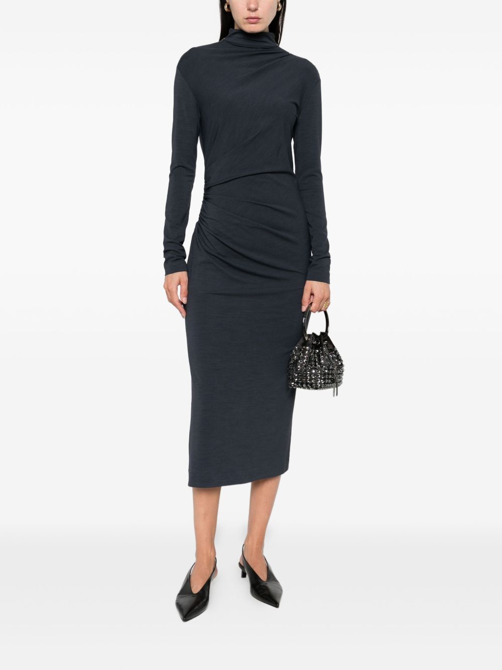 BRUNELLO CUCINELLI Wool Blend Midi Dress with High Neck and Side Slit