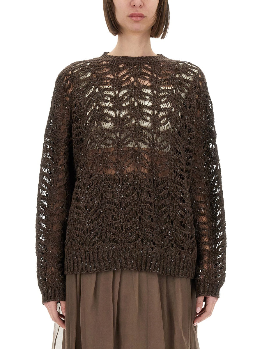 BRUNELLO CUCINELLI Foliage Lace Linen and Silk Diamond Knit Top (Size S)