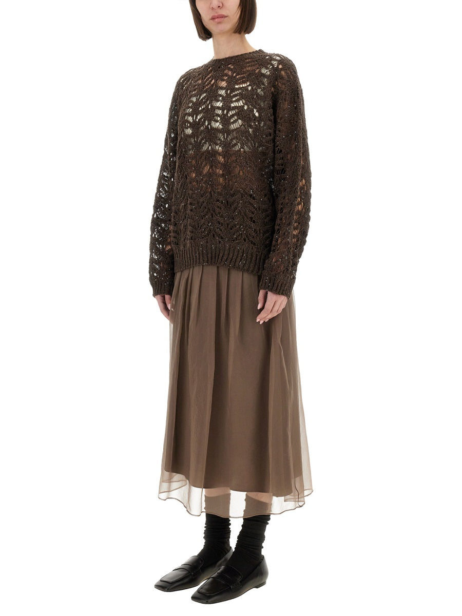 BRUNELLO CUCINELLI Foliage Lace Linen and Silk Diamond Knit Top (Size S)