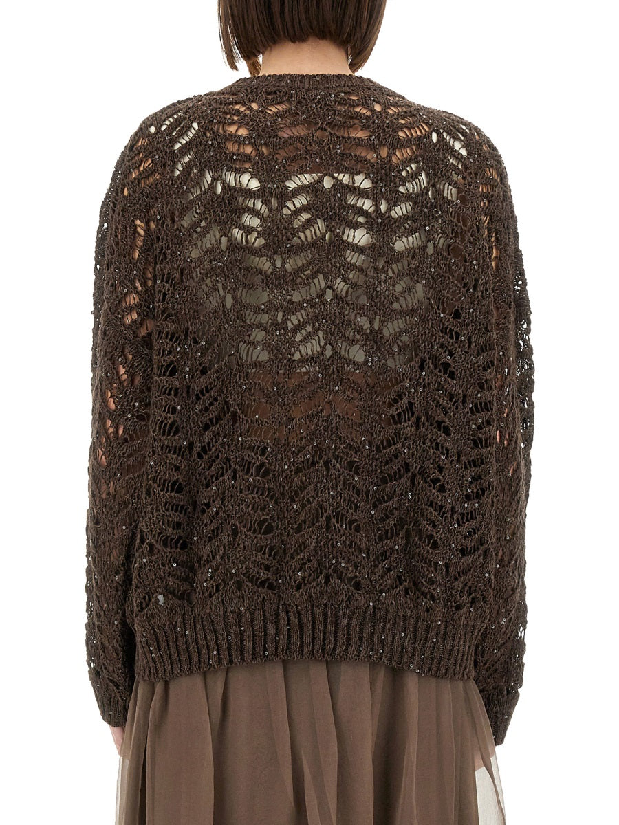 BRUNELLO CUCINELLI Foliage Lace Linen and Silk Diamond Knit Top (Size S)