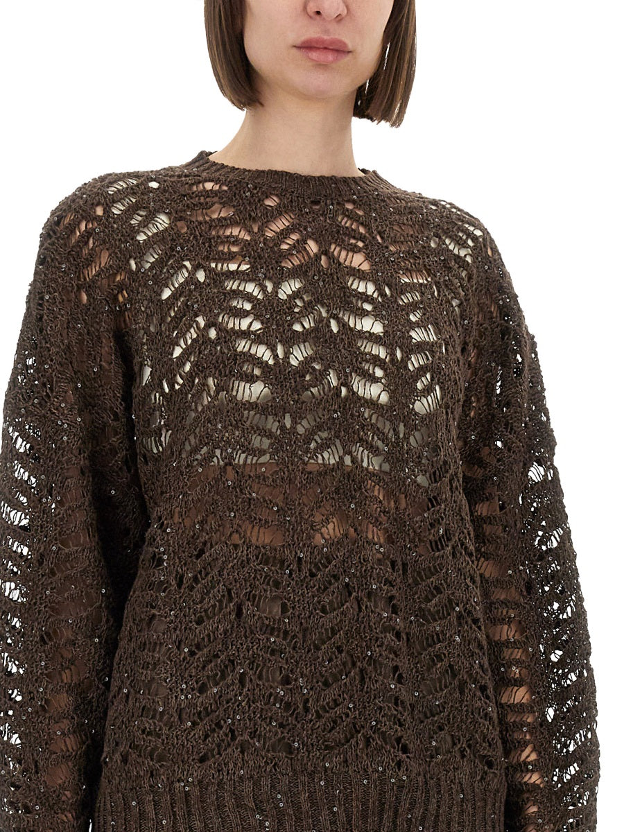BRUNELLO CUCINELLI Foliage Lace Linen and Silk Diamond Knit Top (Size S)