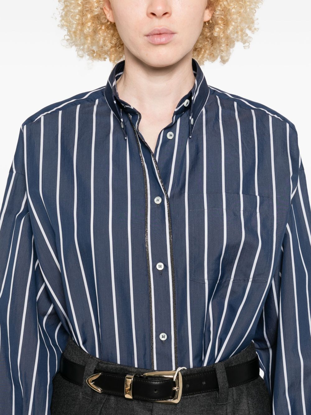 BRUNELLO CUCINELLI Striped Cotton Button-Up Shirt with Curved Hem