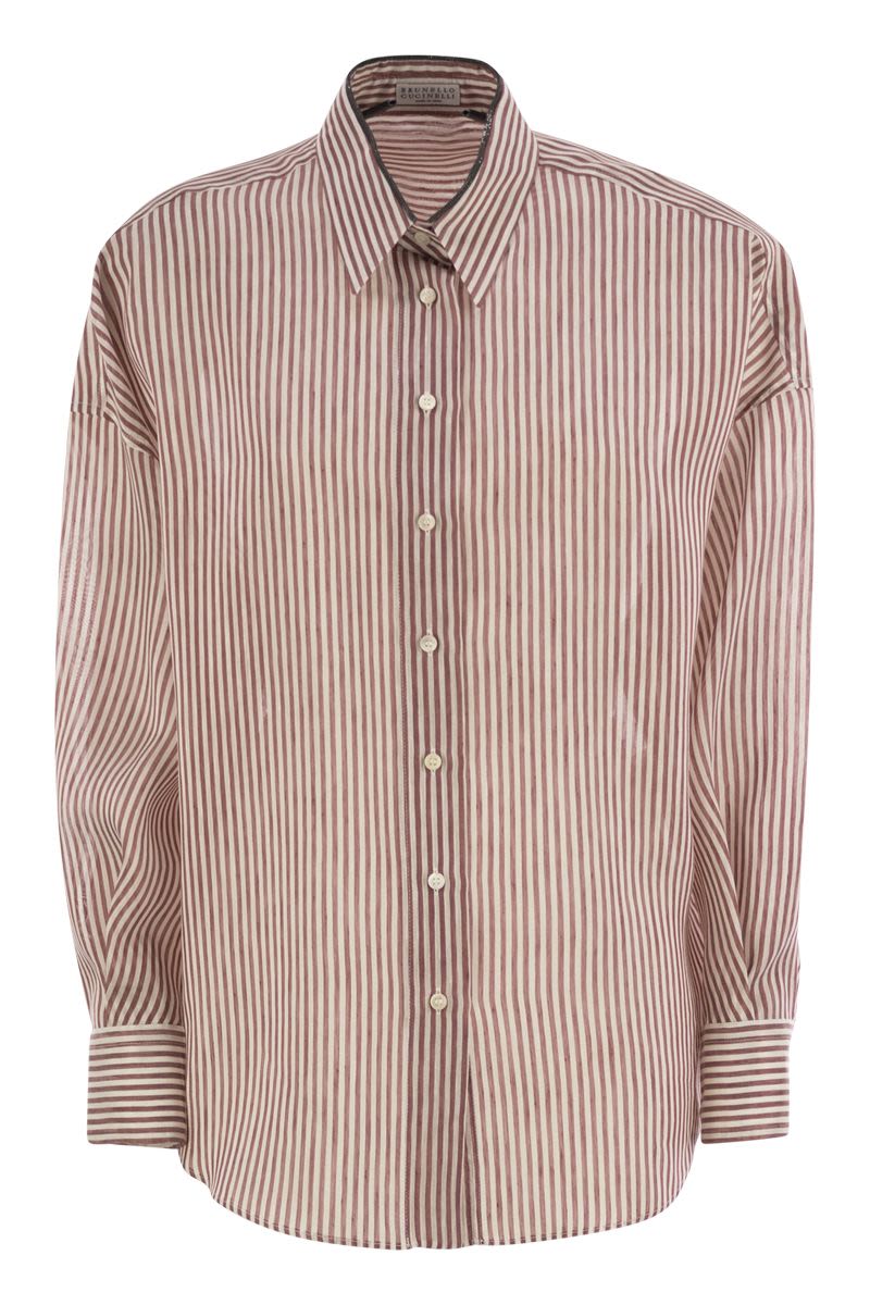 BRUNELLO CUCINELLI Light Knit Striped Shirt with Shiny Collar Detail