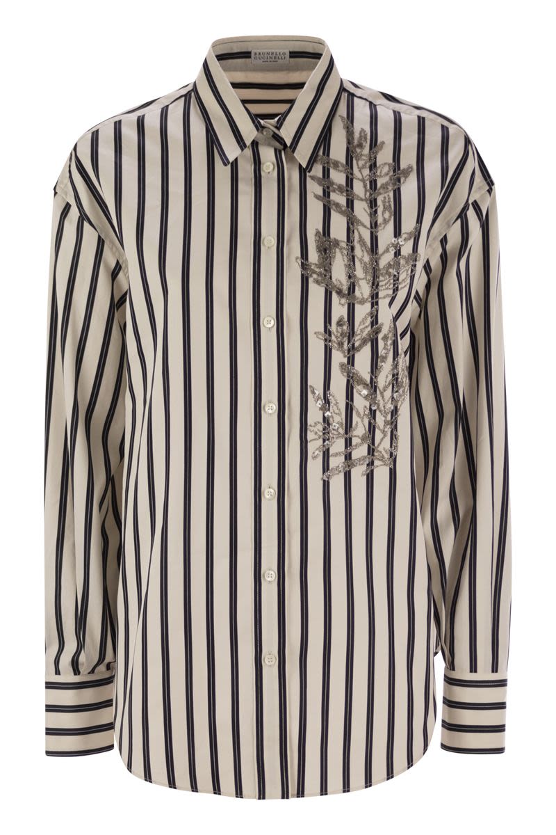 BRUNELLO CUCINELLI Glistening Herbarium Embroidered Regimented Cotton-Silk Poplin Shirt