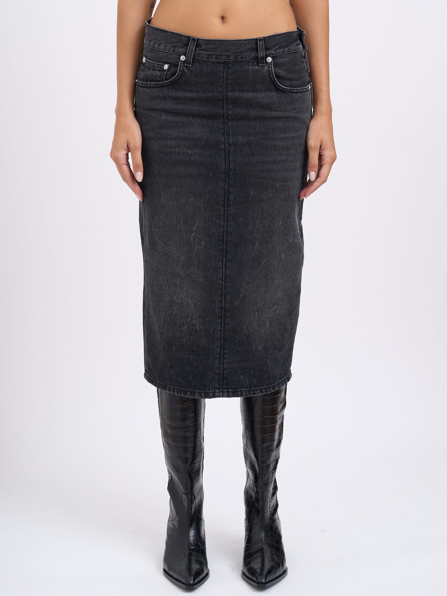 HAIKURE Authentic Black Wash Denim Midi Skirt - Size 25