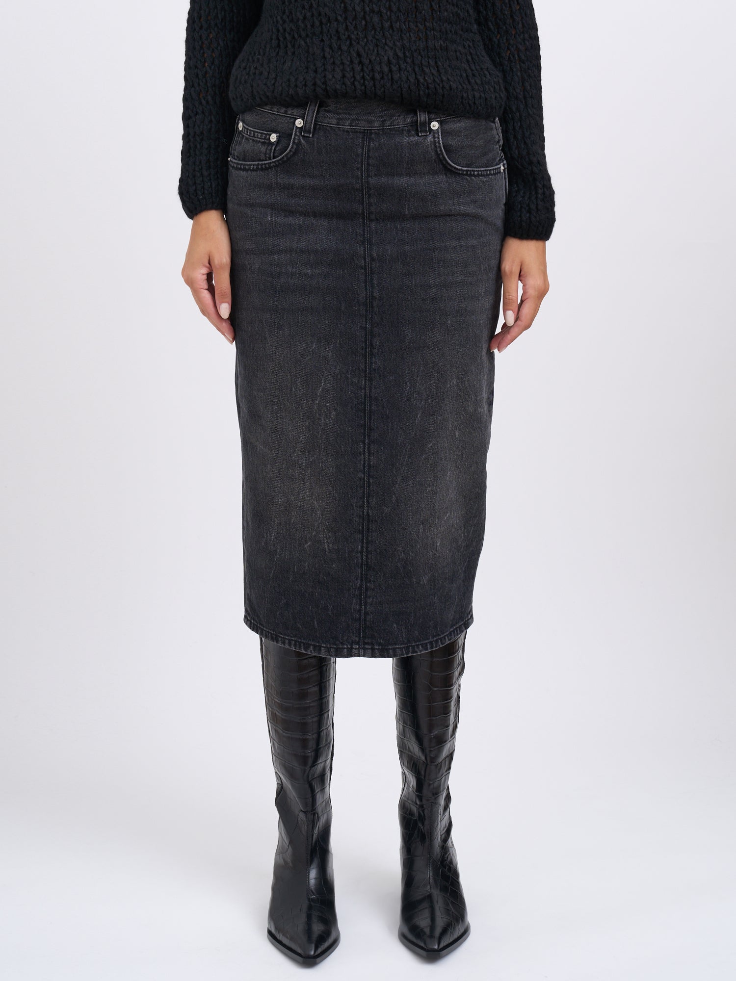 HAIKURE Authentic Black Wash Denim Midi Skirt - Size 25