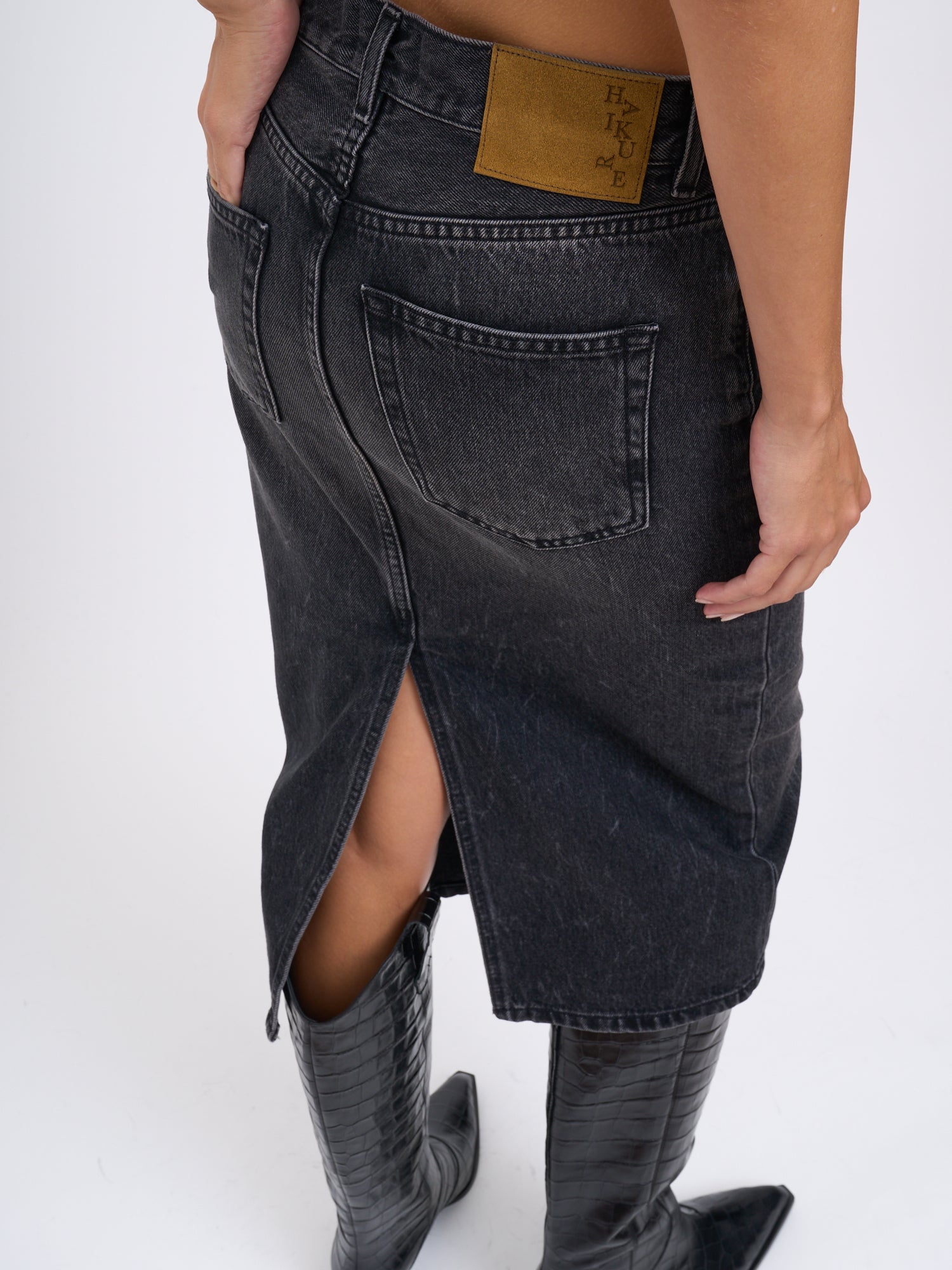 HAIKURE Authentic Black Wash Denim Midi Skirt - Size 25