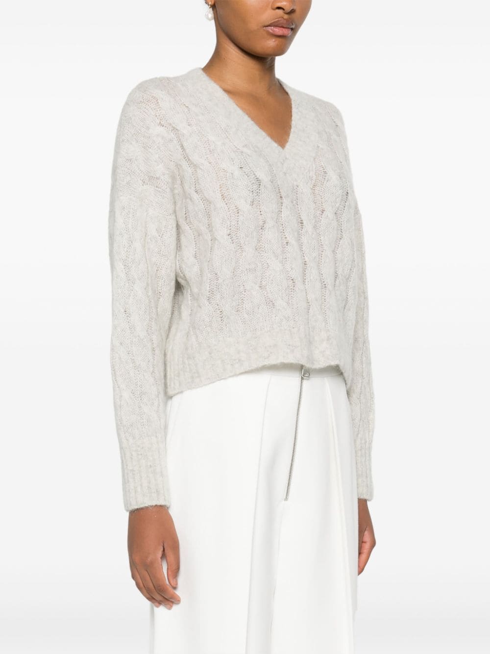 BRUNELLO CUCINELLI Cable Knit V-Neck Sweater with Long Sleeves