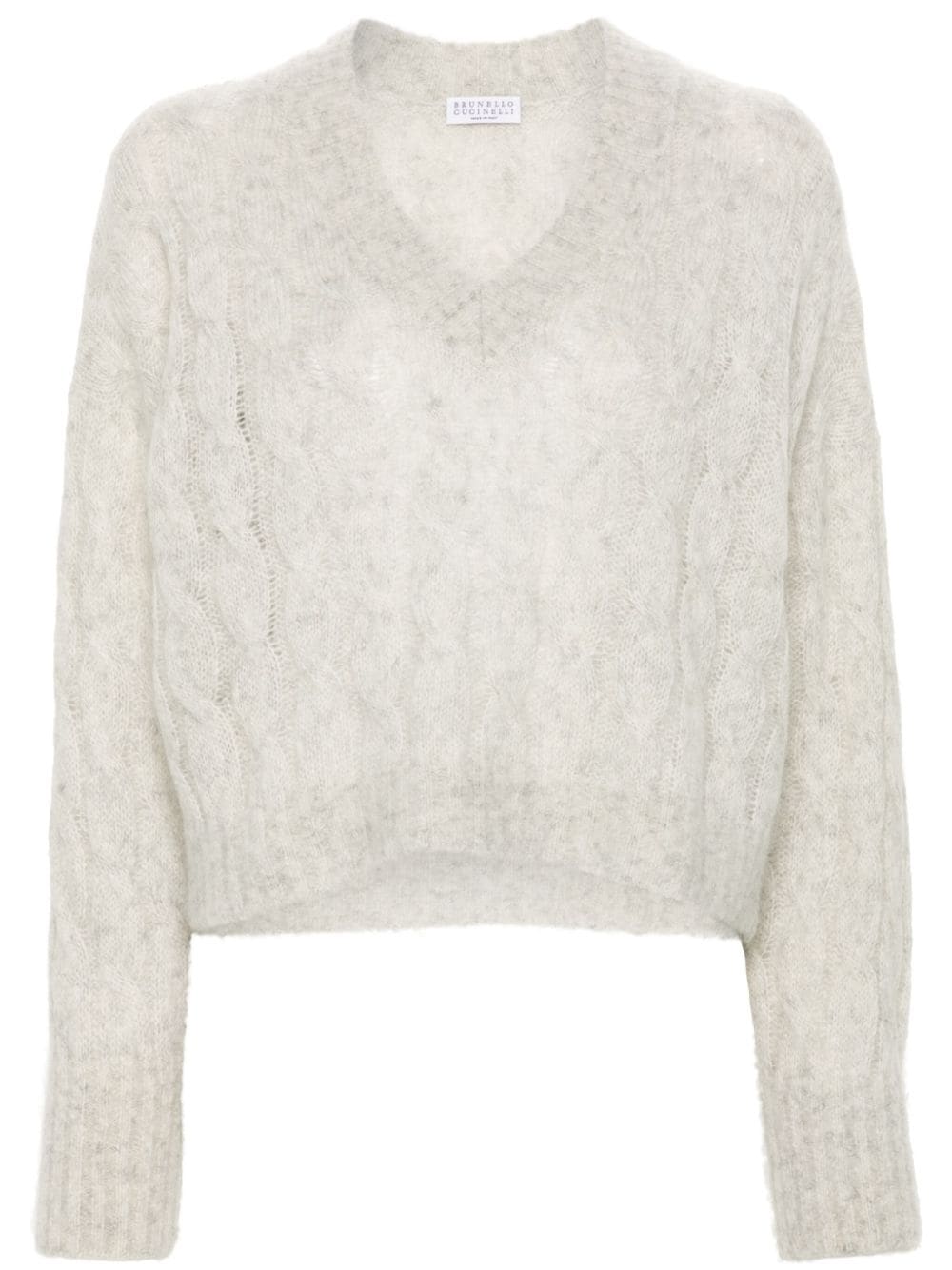 BRUNELLO CUCINELLI Cable Knit V-Neck Sweater with Long Sleeves
