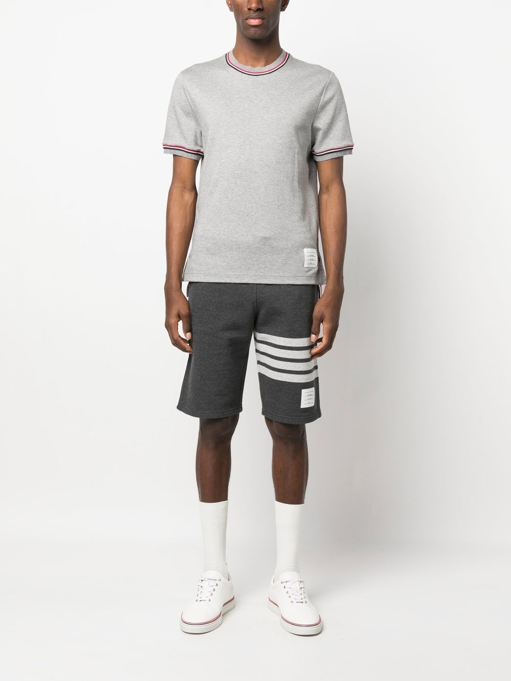THOM BROWNE Men's Short Sleeve Cotton T-Shirt with RWB Stripe Trim