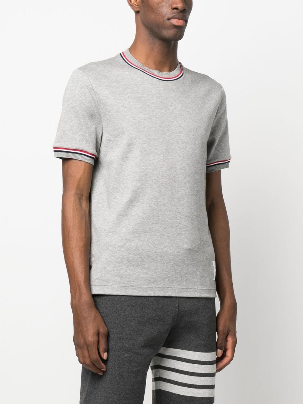 THOM BROWNE Men's Short Sleeve Cotton T-Shirt with RWB Stripe Trim