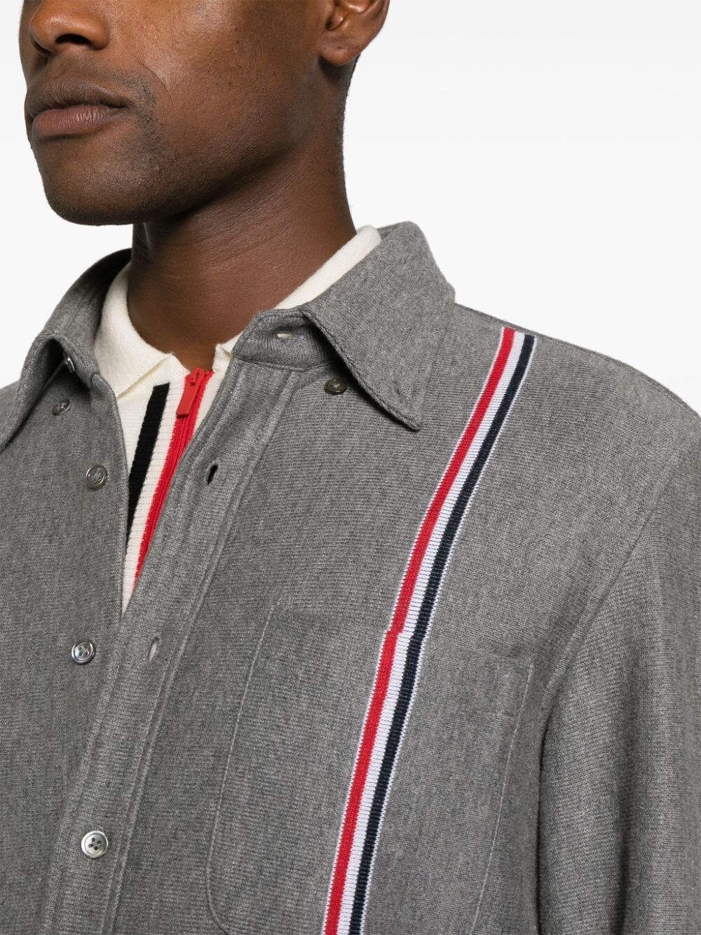 THOM BROWNE Double Face Knit Shirt Jacket with RWB Stripe for Men