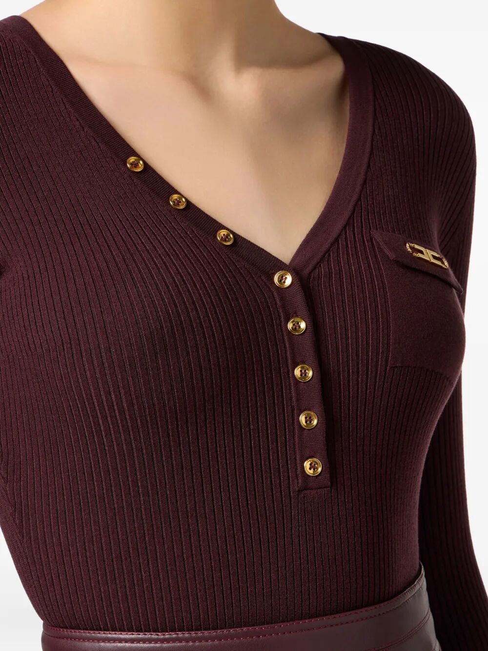ELISABETTA FRANCHI Ribbed Knit Top with Breast Pocket