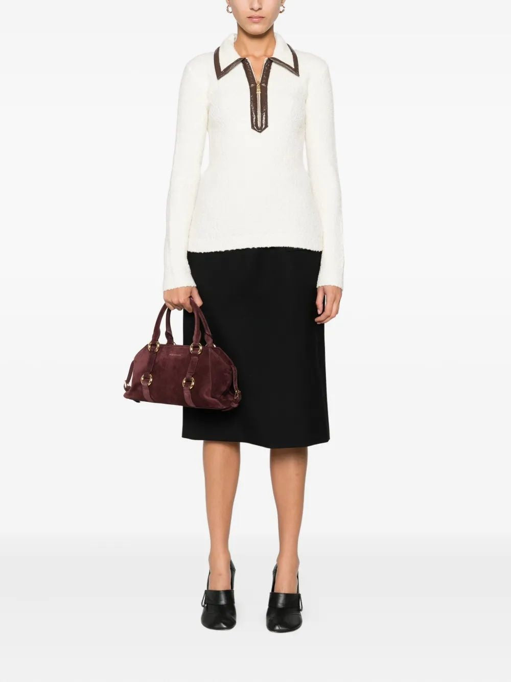 ELISABETTA FRANCHI Chic Bouclé Knit Polo with Vinyl Accents for Women