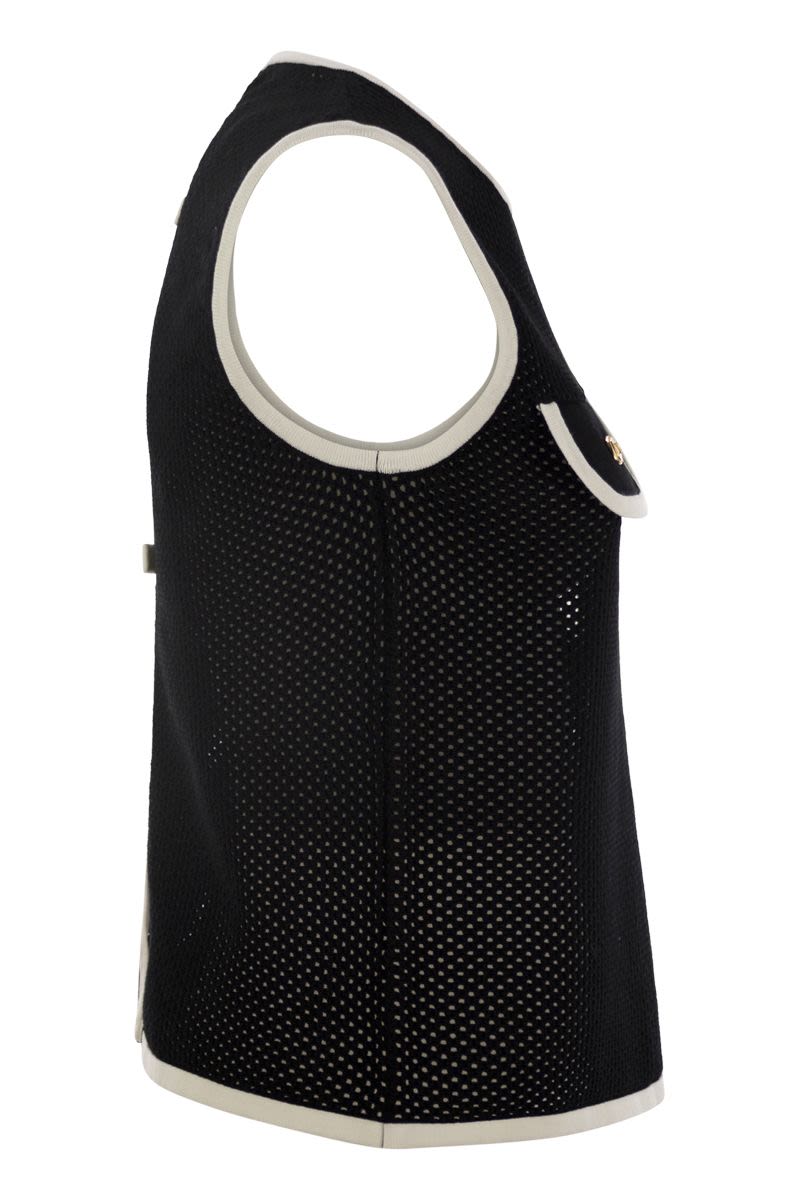 ELISABETTA FRANCHI Sleeveless Mesh Top with Bows and Pocket Detail