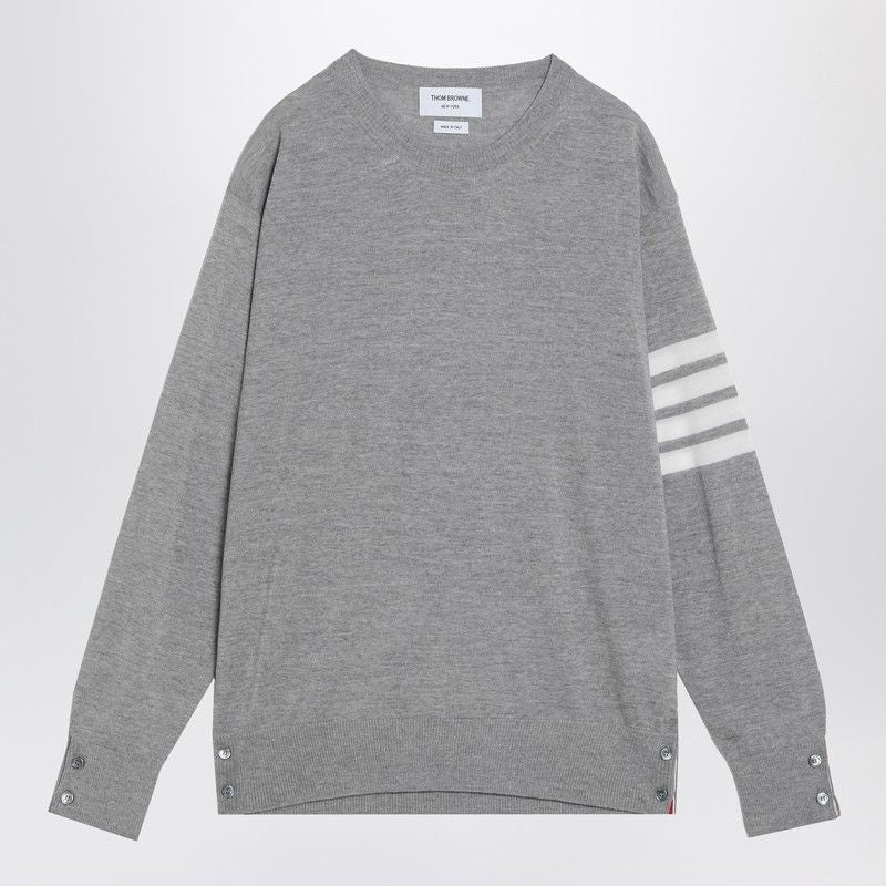 THOM BROWNE Light Gray Merino Wool Sweater with 4-Bar Detail - Men's