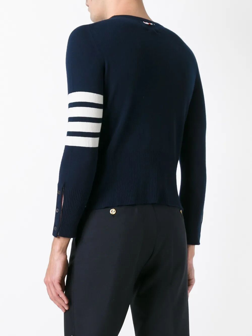 THOM BROWNE Classic Crewneck Short Pullover with White 4 Bar Stripe in Cashmere