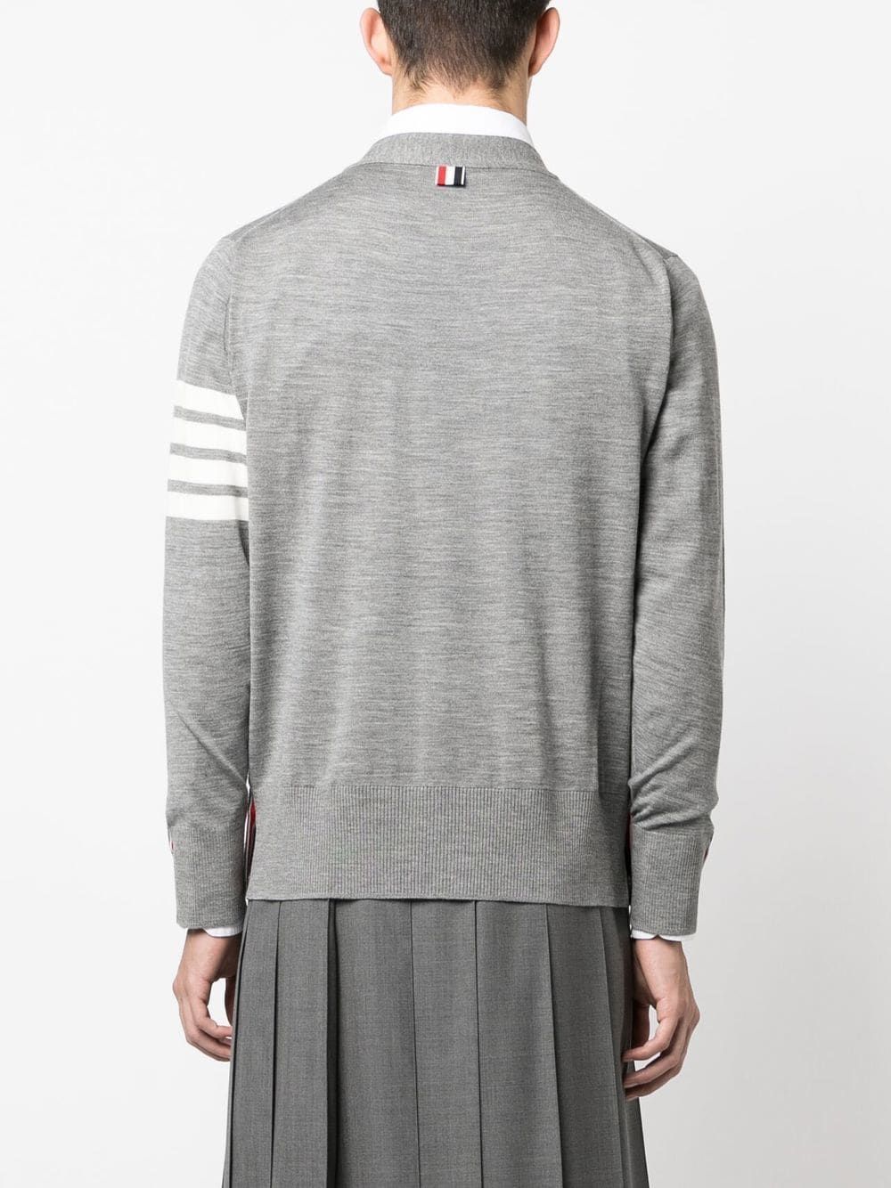 THOM BROWNE Classic V-Neck Cardigan in Fine Merino Wool with 4-Bar Stripes