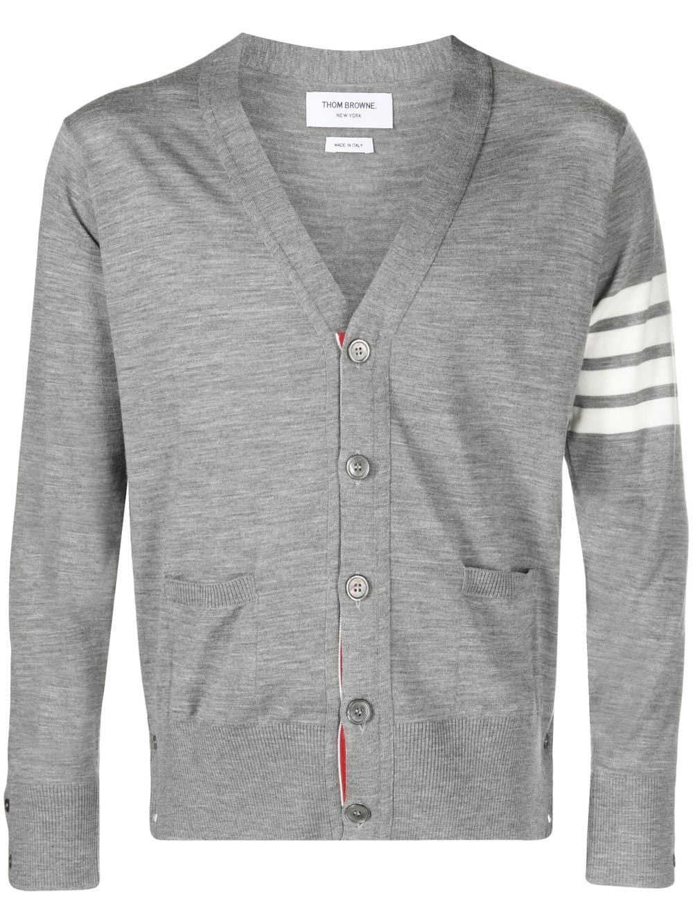 THOM BROWNE Classic V-Neck Cardigan in Fine Merino Wool with 4-Bar Stripes