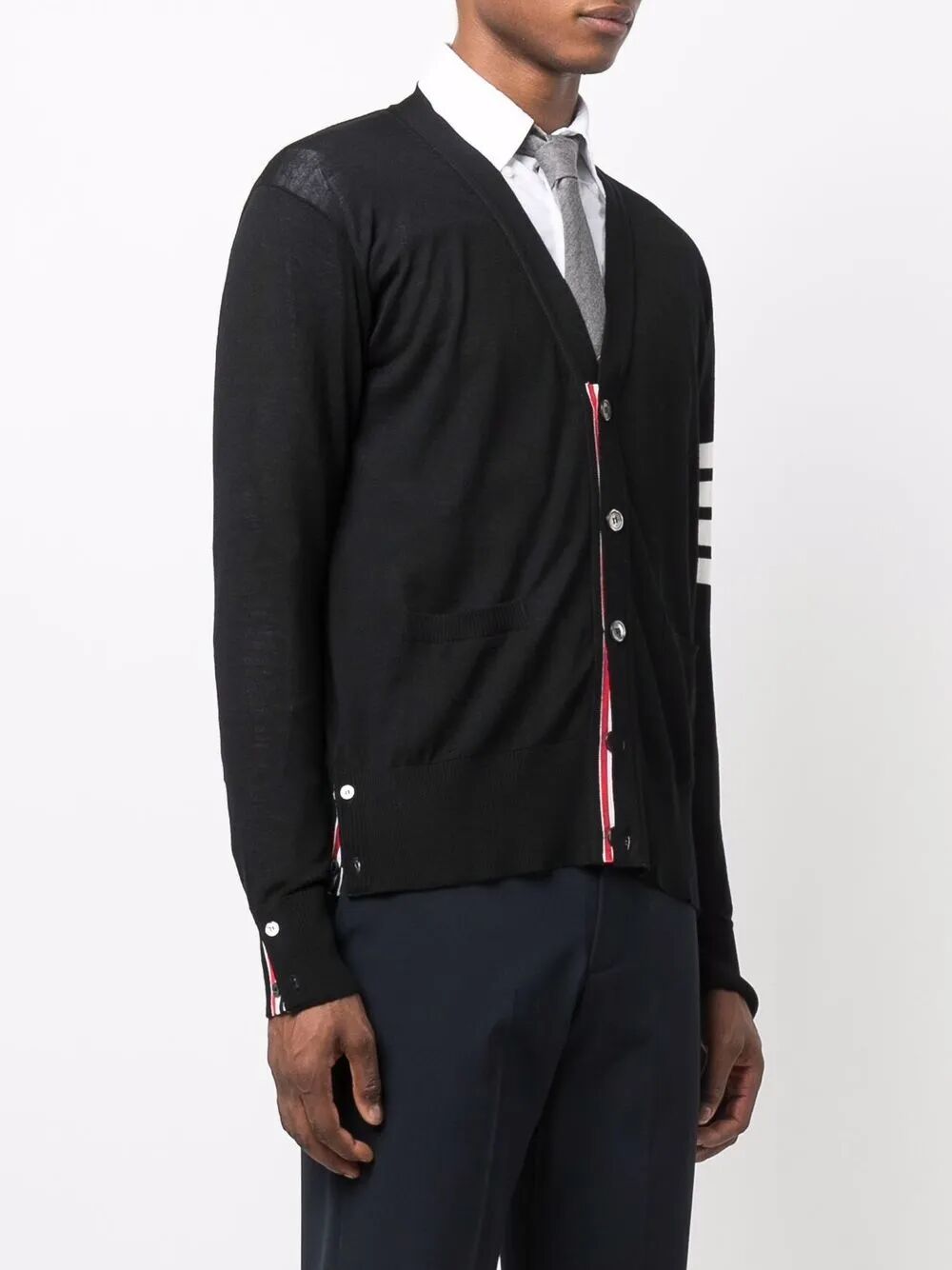 THOM BROWNE Classic V-Neck Cardigan in Fine Merino Wool with 4-Bar Stripes