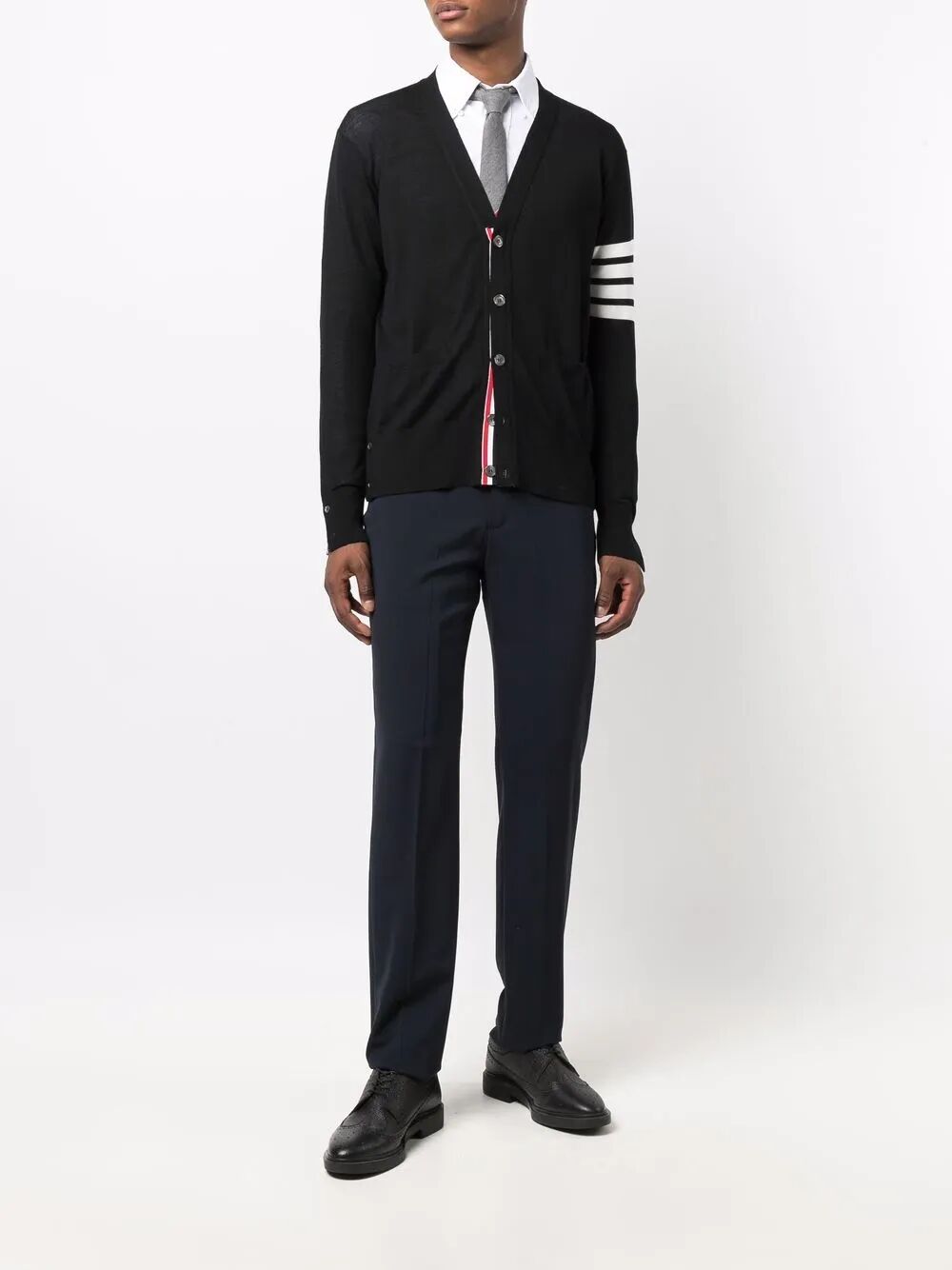 THOM BROWNE Classic V-Neck Cardigan in Fine Merino Wool with 4-Bar Stripes