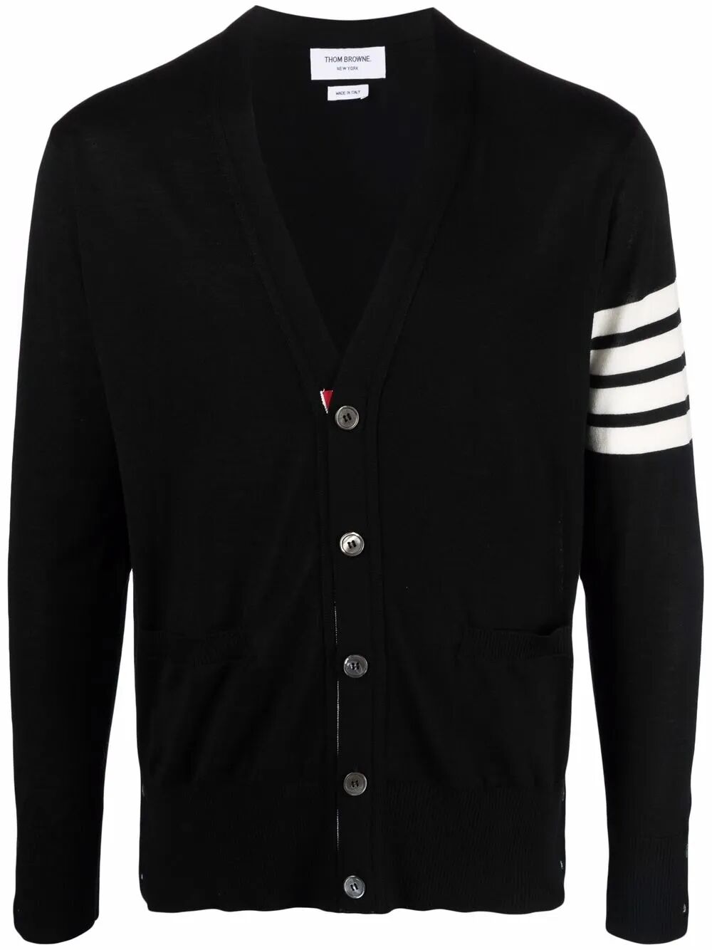 THOM BROWNE Classic V-Neck Cardigan in Fine Merino Wool with 4-Bar Stripes