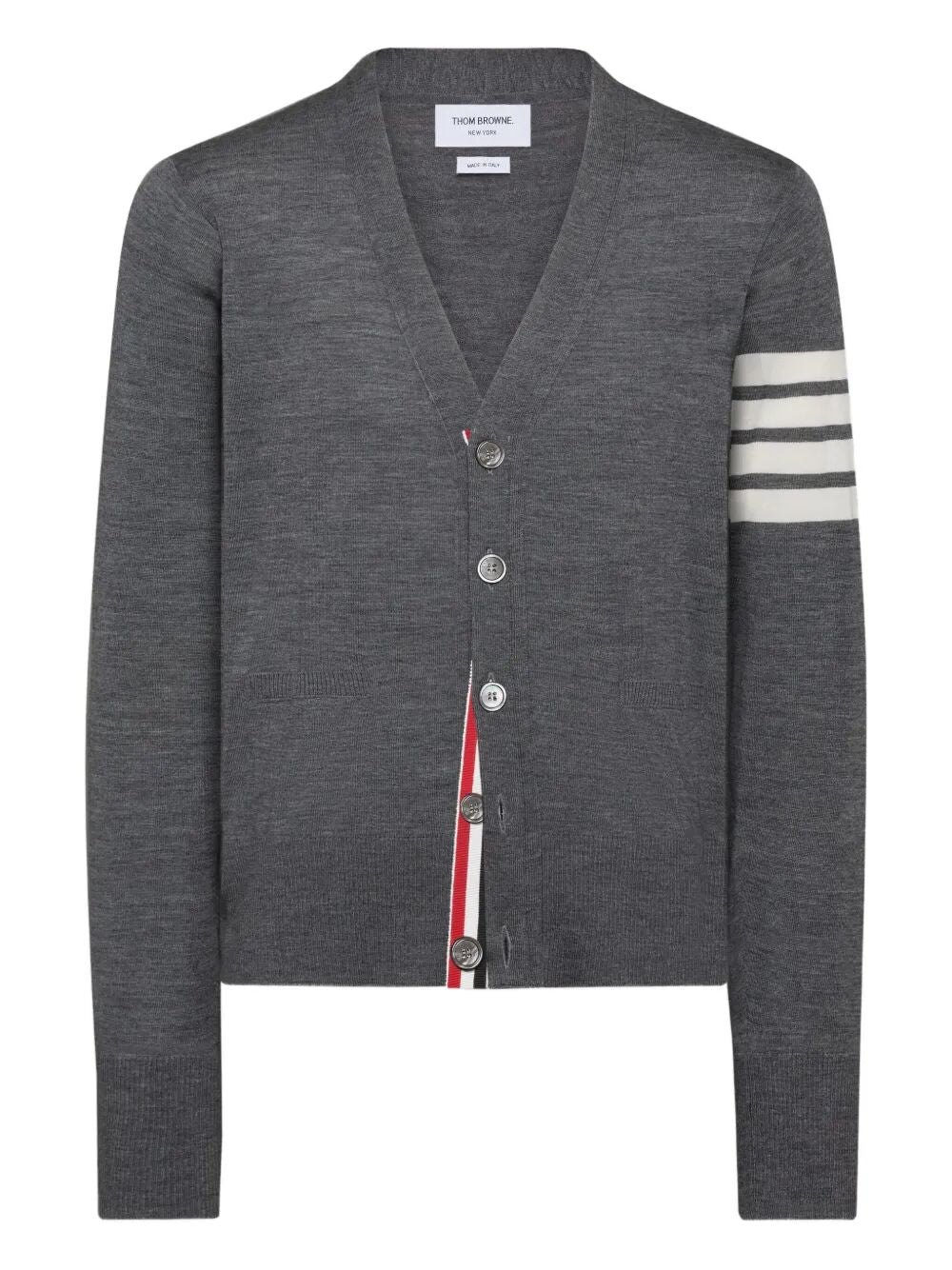THOM BROWNE Classic V-Neck Cardigan in Fine Merino Wool with 4 Bar Stripes