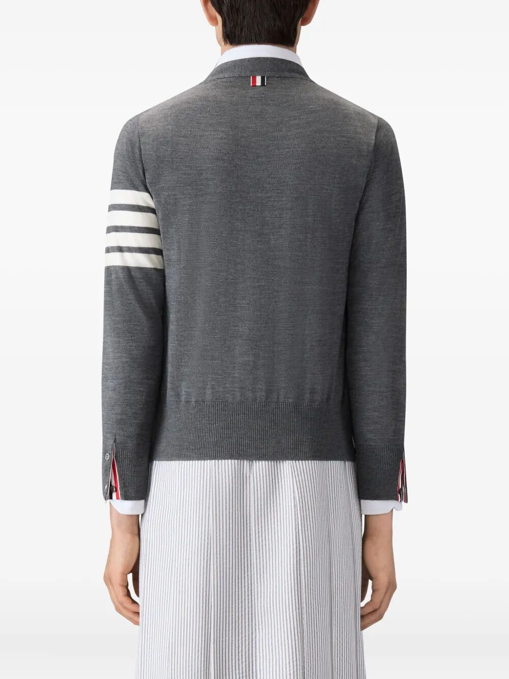THOM BROWNE Classic V-Neck Cardigan in Fine Merino Wool with 4 Bar Stripes