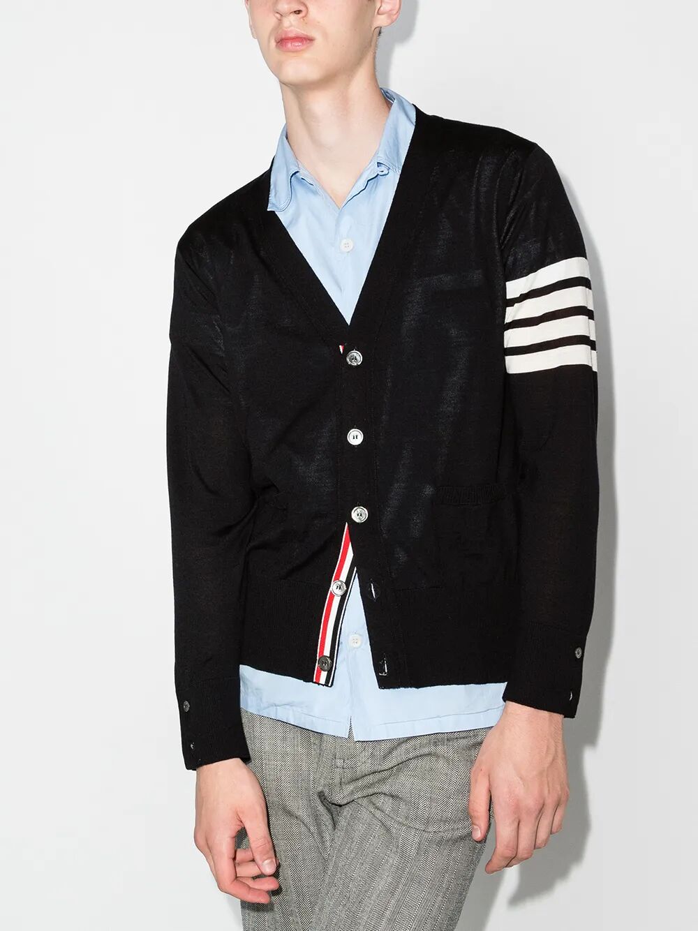 THOM BROWNE Classic V-Neck Cardigan in Fine Merino Wool with 4 Bar Stripes