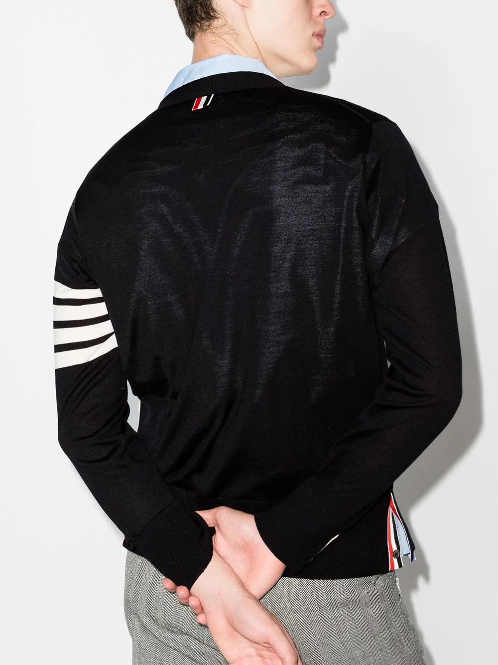 THOM BROWNE Classic V-Neck Cardigan in Fine Merino Wool with 4 Bar Stripes