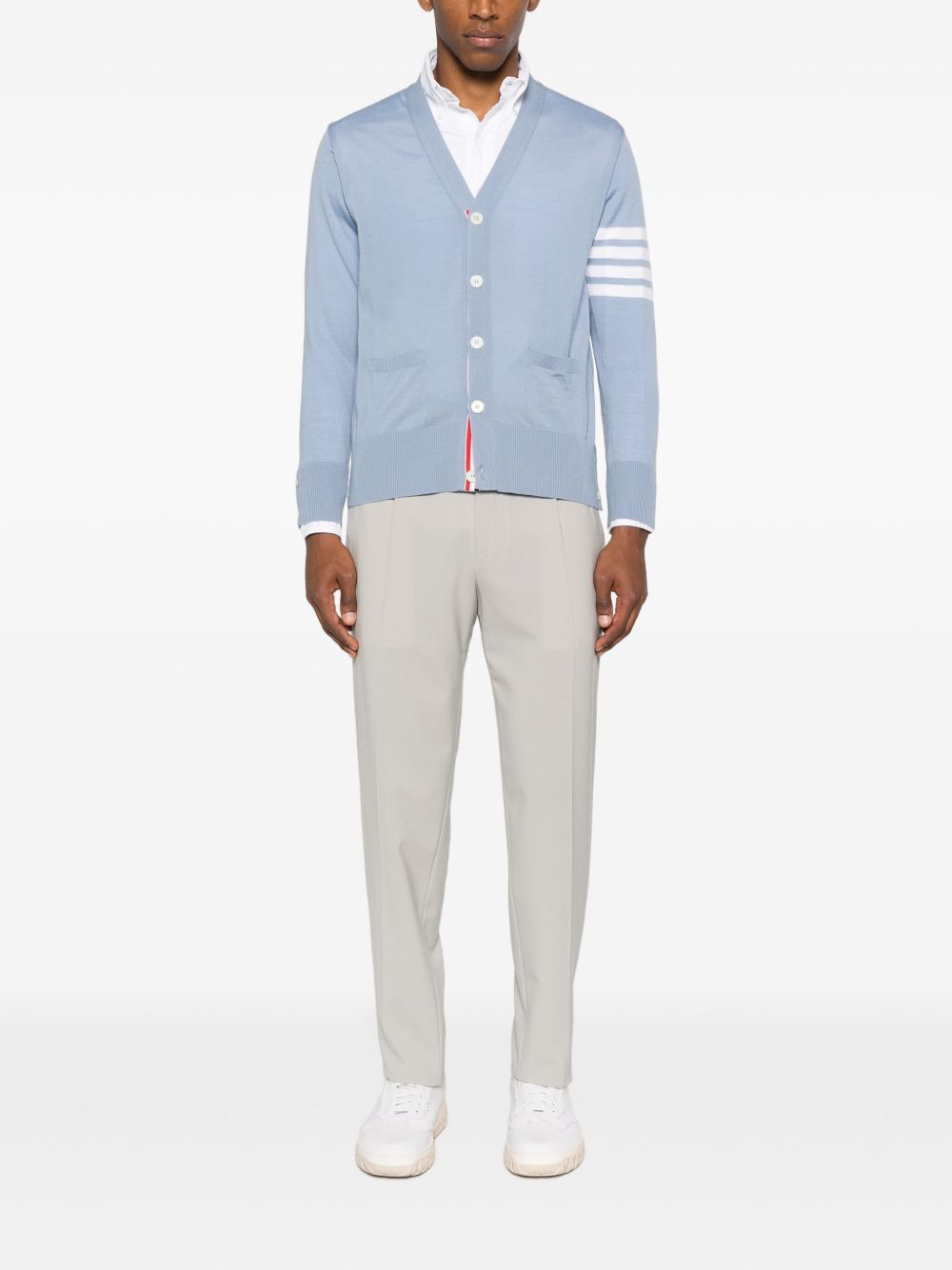 THOM BROWNE Light Blue V-Neck Wool Cardigan for Men
