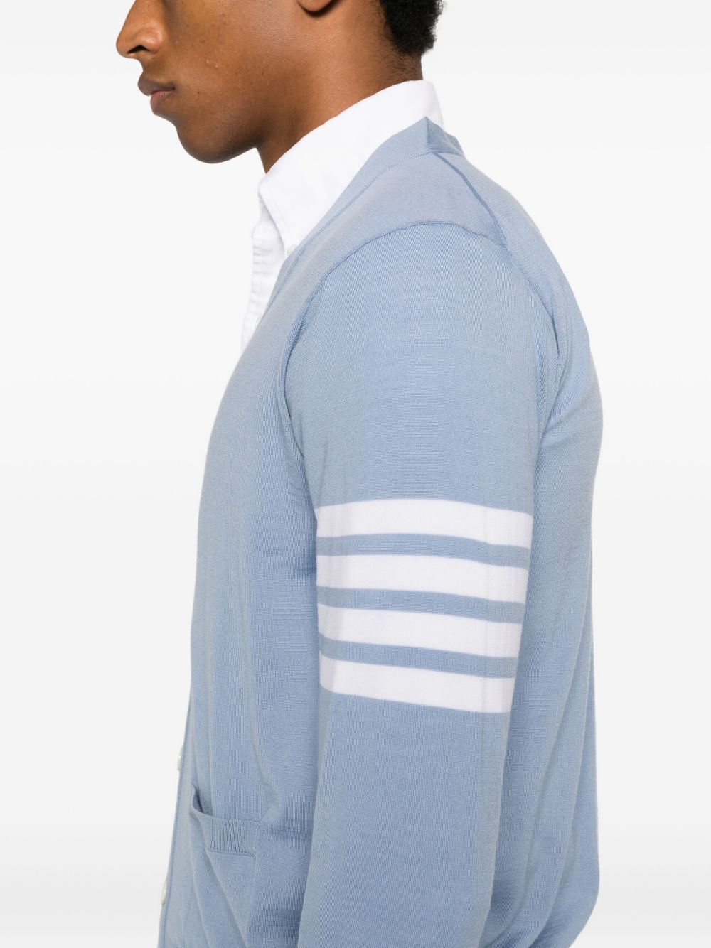 THOM BROWNE Light Blue V-Neck Wool Cardigan for Men