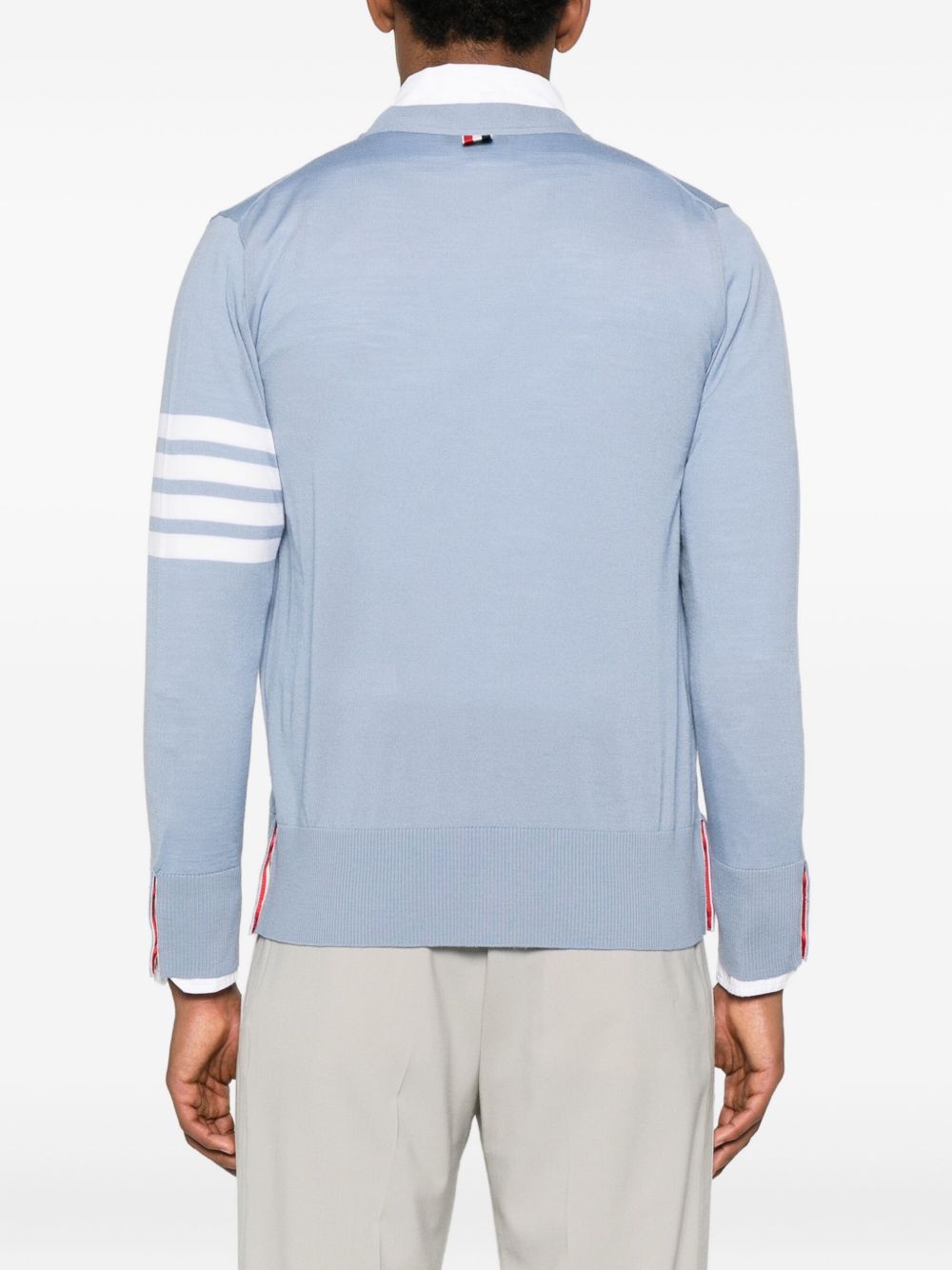 THOM BROWNE Light Blue V-Neck Wool Cardigan for Men