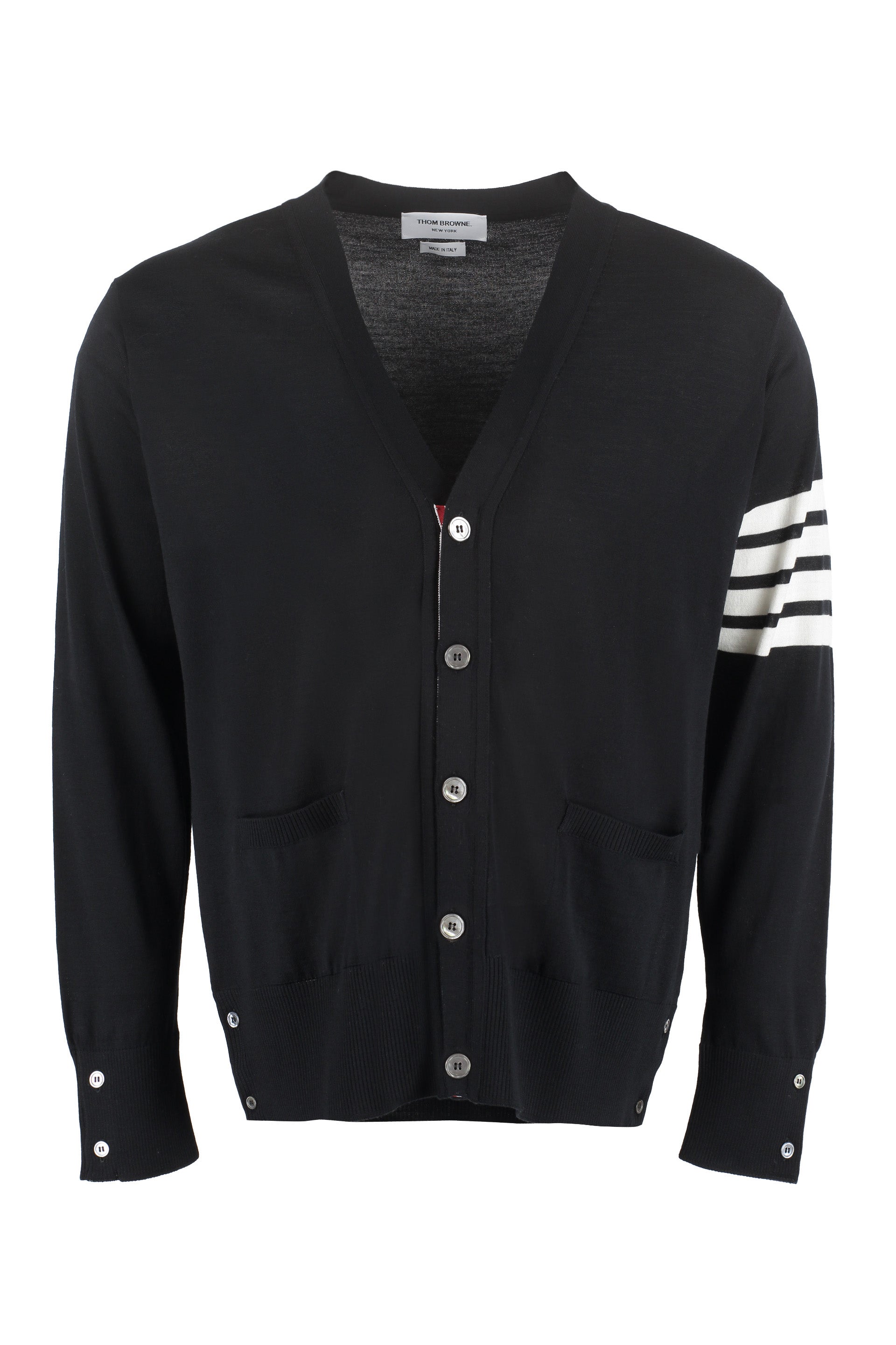 THOM BROWNE Merino Wool Cardigan with Striped Detail - Size 00 to 5