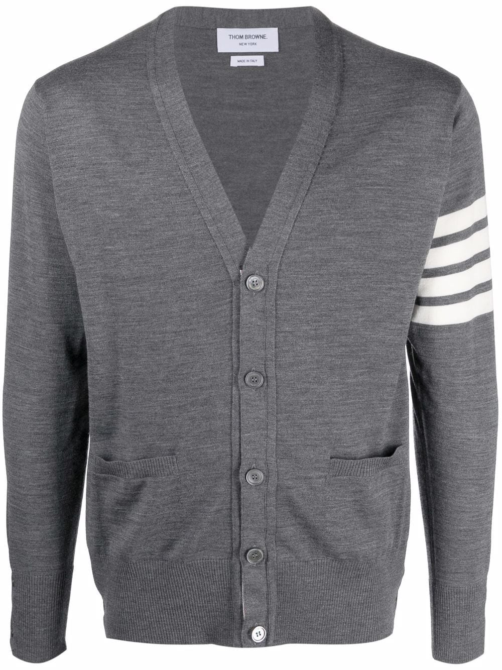 THOM BROWNE Classic V-Neck Cardigan in Fine Merino Wool with 4Bar Stripes