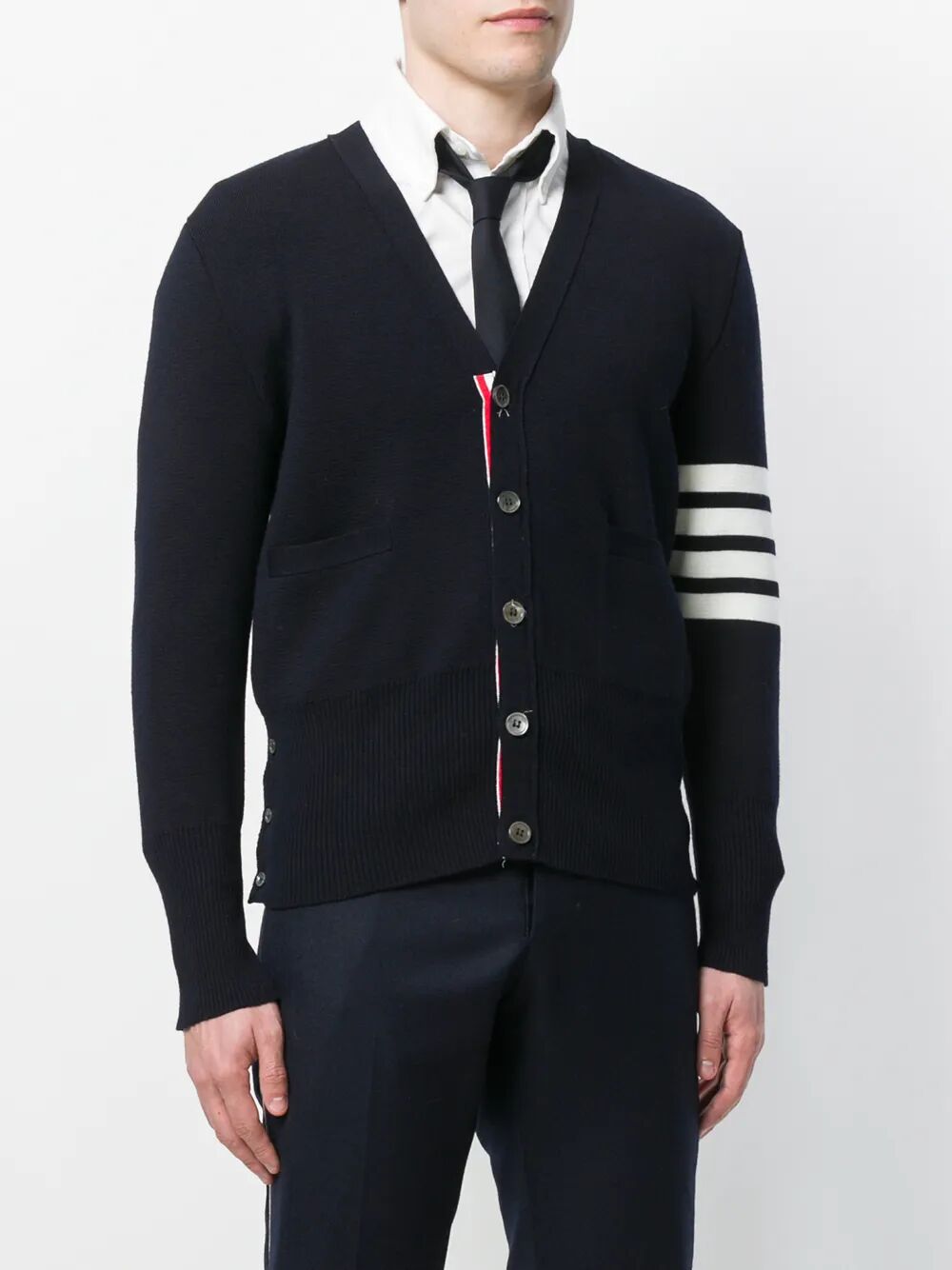THOM BROWNE V-Neck Cardigan with 4 Bar in Fine Merino Wool