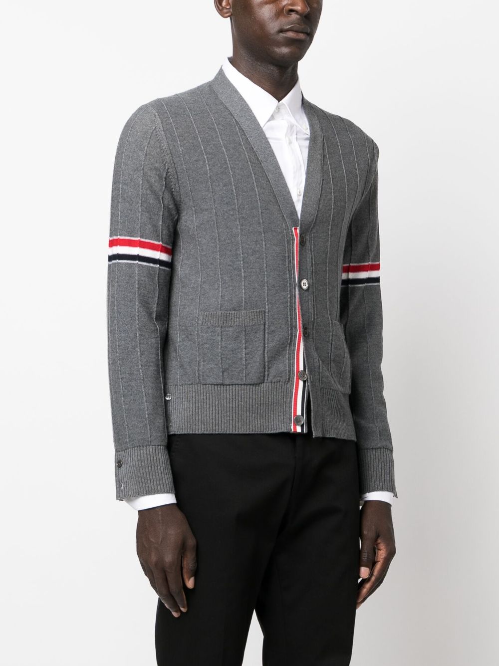 THOM BROWNE Cozy 100% Wool V-Neck Sweater with Front Patch Pockets