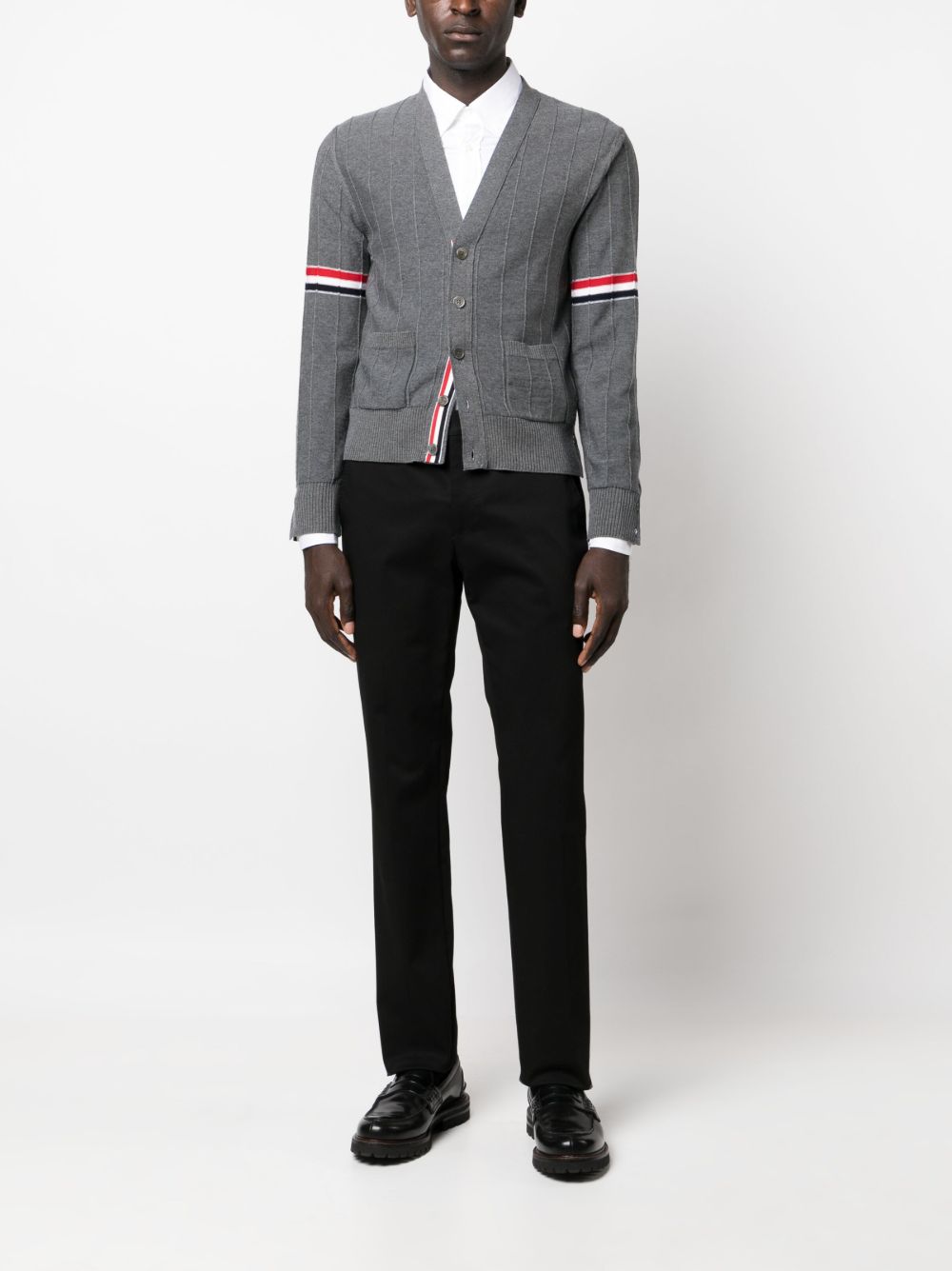 THOM BROWNE Cozy 100% Wool V-Neck Sweater with Front Patch Pockets