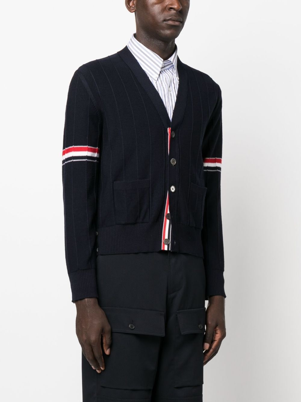 THOM BROWNE V-Neck Wool Cardigan with Stripes