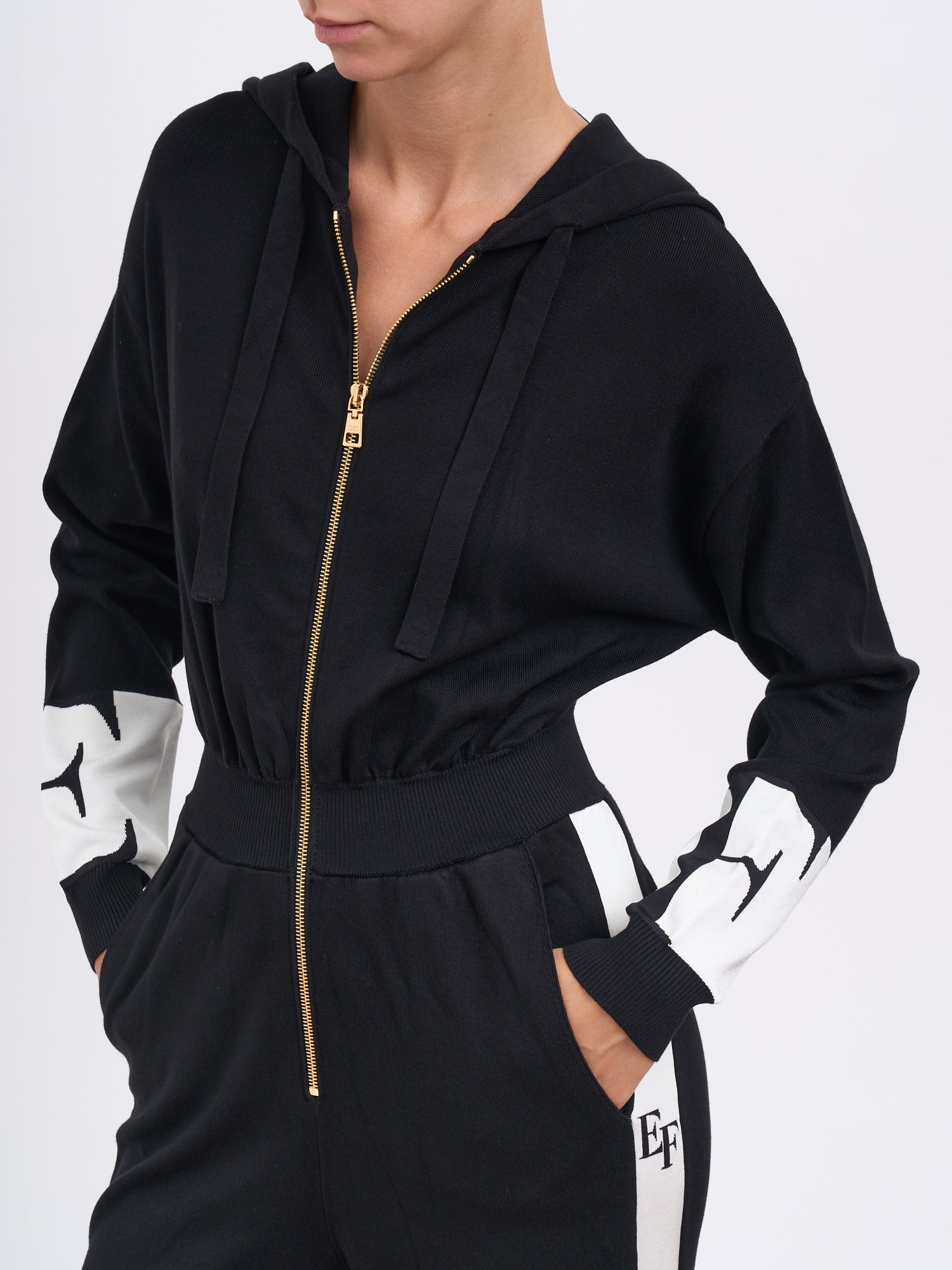 ELISABETTA FRANCHI Elegant Viscose Overall with Gold-Tone Logo - Inseam 75 cm