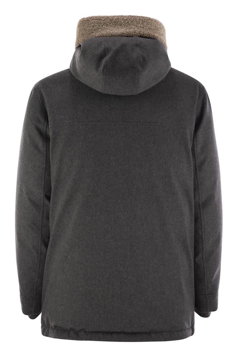 BRUNELLO CUCINELLI Men's Membranated Wool Flannel Parka Jacket with Hood and Shearling Insert