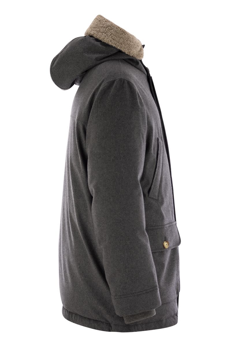 BRUNELLO CUCINELLI Men's Membranated Wool Flannel Parka Jacket with Hood and Shearling Insert