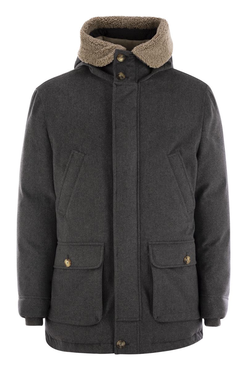 BRUNELLO CUCINELLI Men's Membranated Wool Flannel Parka Jacket with Hood and Shearling Insert