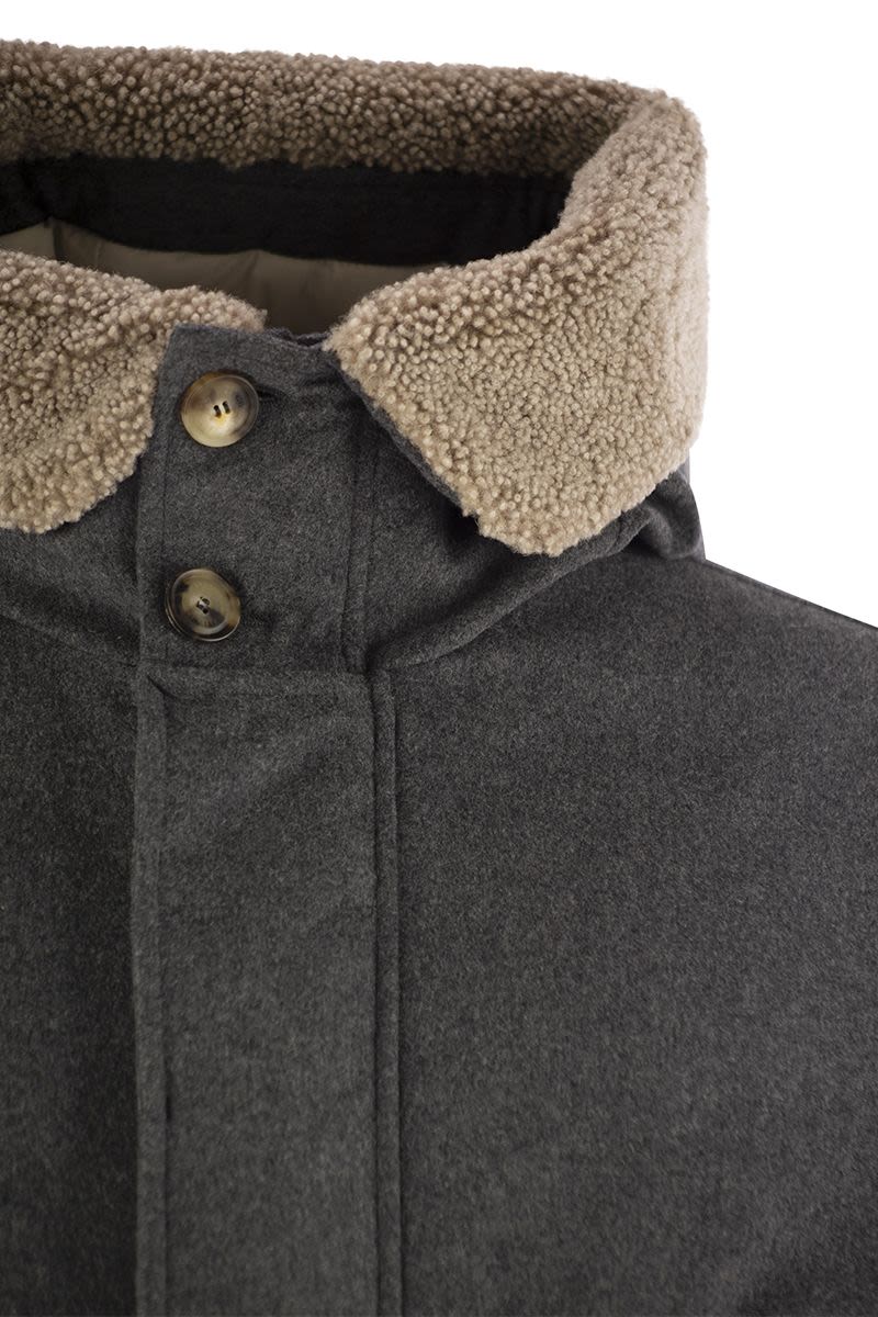 BRUNELLO CUCINELLI Men's Membranated Wool Flannel Parka Jacket with Hood and Shearling Insert