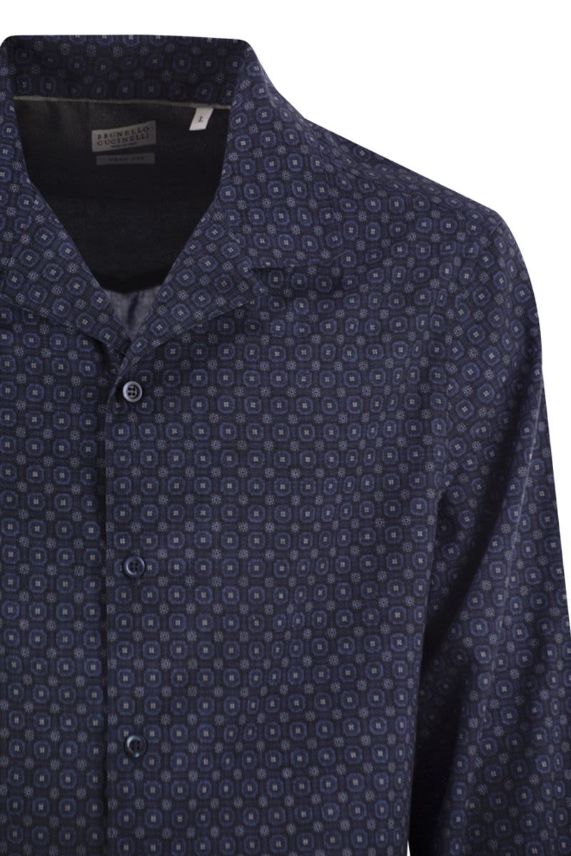 BRUNELLO CUCINELLI Geometric Print Easy Fit Twill Shirt with Camp Collar
